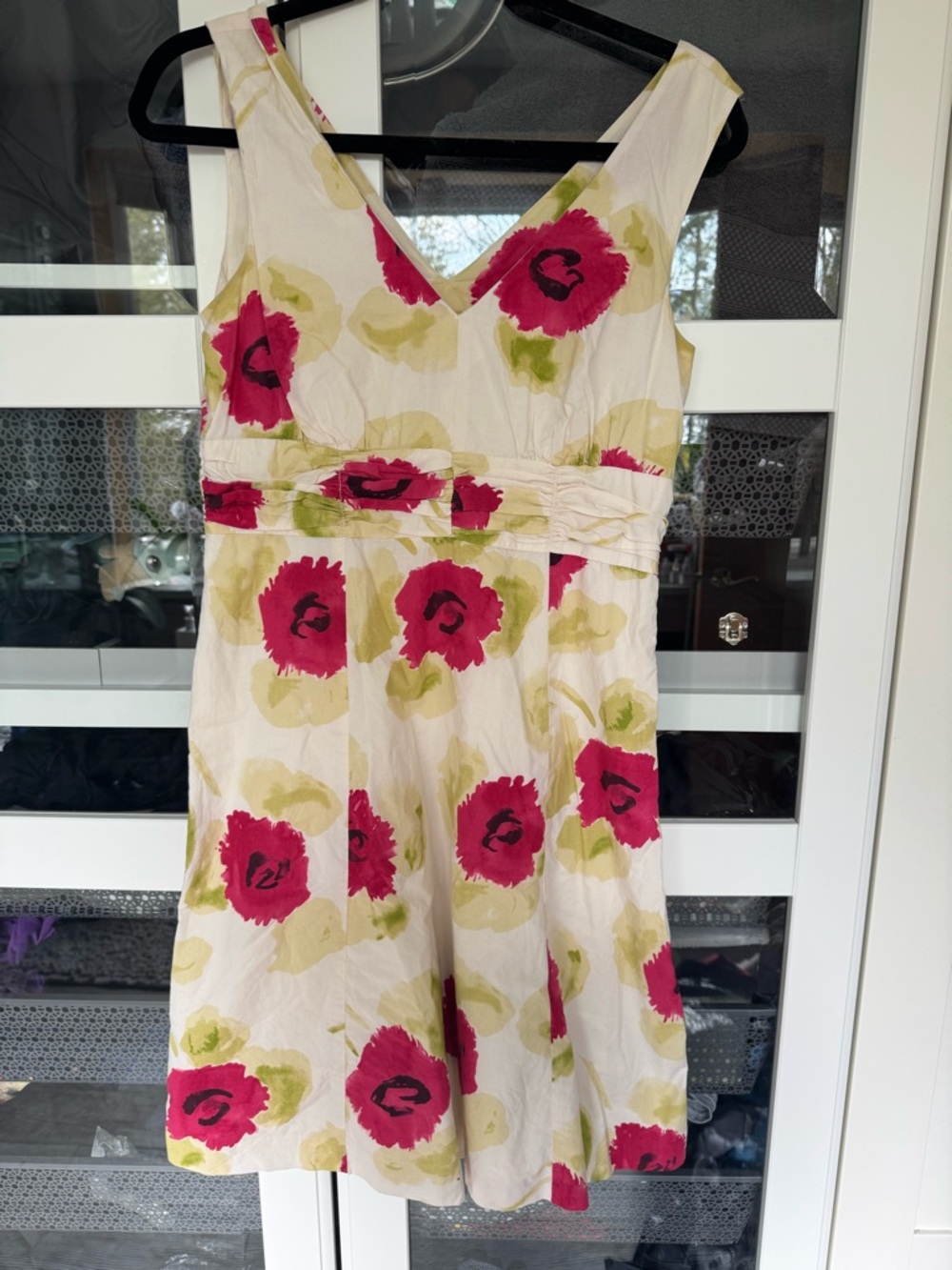 Boden Cream Midi Dress with Fuchsia Floral Print, size 6